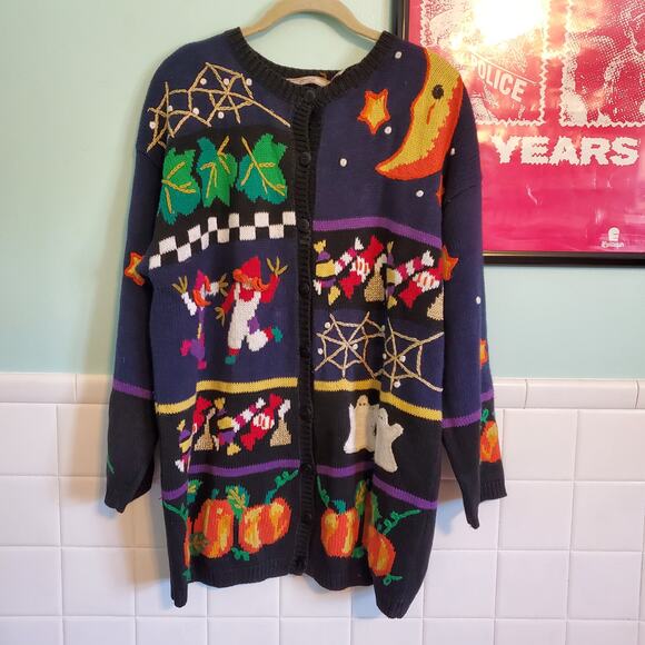 Vintage 80s Black Halloween Maximalist Embroidered Cardigan Sweater Kitschy - Picture 7 of 10
